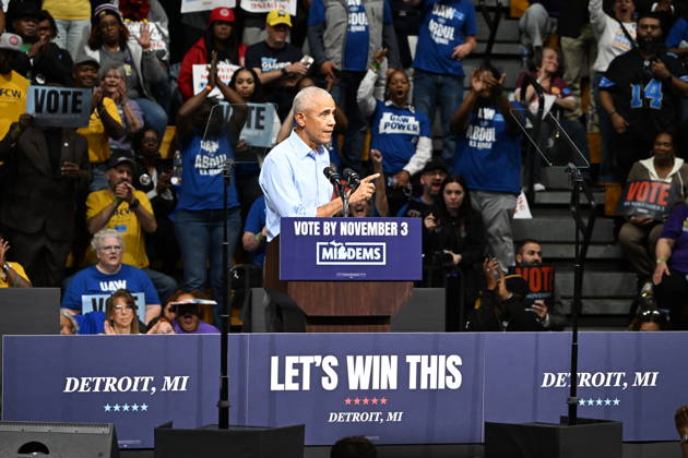Former United States President Barack Obama, speaks at a Democratic candidates rally at Cass Technical High School in Detroit, Michigan, USA on Saturday, October 24, 2026. Winning US Senate and US House races in the swing state of Michigan is central to Democratic hopes to wrest power in both chambers of the US Congress from the Republicans. Copyright: xKylexMazzax xCNPx MediaPunchx