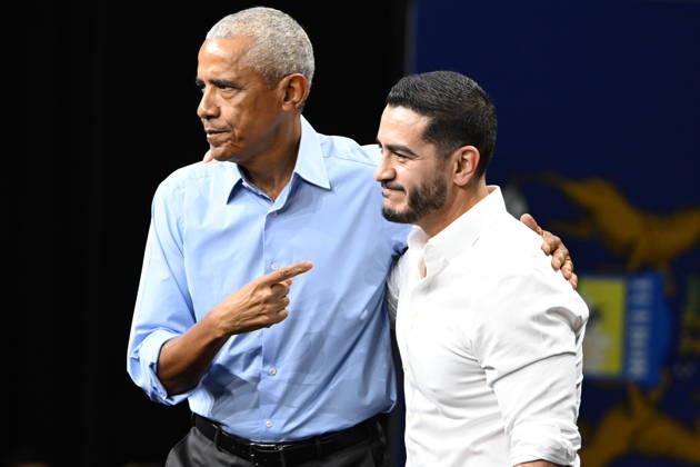 Former United States President Barack Obama hugs Abdul El-Sayed, Democratic Nominee for US Senate from Michigan, prior to speaking at a Democratic candidates rally at Cass Technical High School in Detroit, Michigan, USA on Saturday, October 24, 2026. Winning US Senate and US House races in the swing state of Michigan is central to Democratic hopes to wrest power in both chambers of the US Congress from the Republicans. Copyright: xKylexMazzax xCNPx MediaPunchx