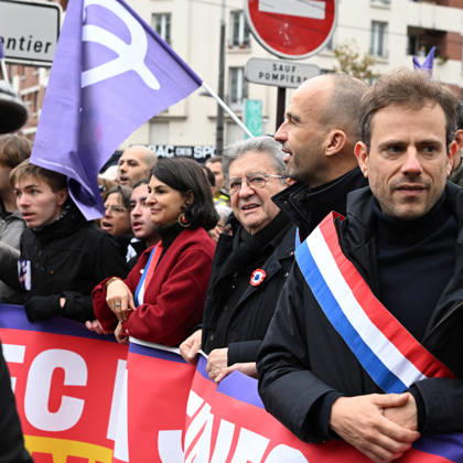 Politics At Yellow Vests Protest Act II - Paris Aurelie Trouve, French leftist party La France Insoumise (LFI) candidate in France s 2027 Presidential election Jean-Luc Melenchon and French leftist party La France Insoumise (LFI) group MP Manuel Bompard during a demonstration in favor of purchasing power, the protection of public services, and fiscal and social justice, as part of a nationwide call for mobilisation bringing together former members of the Yellow Vest movement, labor unions, high school and university students. in Paris on October 24, 2026 Photo Ait Adjedjou Karim ABACAPRESS.COM Paris France  Copyright: xAitxAdjedjouxKarim ABACAx