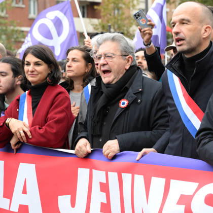 Politics At Yellow Vests Protest Act II - Paris Aurelie Trouve, French leftist party La France Insoumise (LFI) candidate in France s 2027 Presidential election Jean-Luc Melenchon and French leftist party La France Insoumise (LFI) group MP Manuel Bompard during a demonstration in favor of purchasing power, the protection of public services, and fiscal and social justice, as part of a nationwide call for mobilisation bringing together former members of the Yellow Vest movement, labor unions, high school and university students. in Paris on October 24, 2026 Photo Ait Adjedjou Karim ABACAPRESS.COM Paris France  Copyright: xAitxAdjedjouxKarim ABACAx