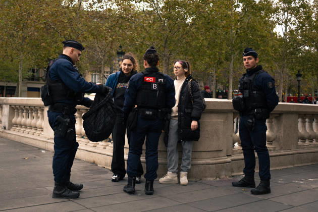 Yellow Vests Protest Act II - Paris Police officers carry out checks on individuals at Place de la République in Paris, France, on October 24, 2026, on the day of a nationwide protest against the rising cost of living and in support of higher wages, public services and students’ demands. Photo by Jules Bernard ABACAPRESS.COM Paris Île-de-France France  Copyright: xBernardxJules ABACAx