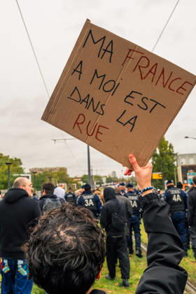 Yellow Vests Protest Act II - Paris Demonstrators carry placards displaying political messages during a march against the rising cost of living and for social justice in Paris, France, on October 24, 2026. The protest follows the boulevards des Maréchaux from Porte d’Italie to Porte de Vincennes, with calls for higher wages and better funding for public services and education. Photo by Jules Bernard ABACAPRESS.COM Paris Île-de-France France  Copyright: xBernardxJules ABACAx