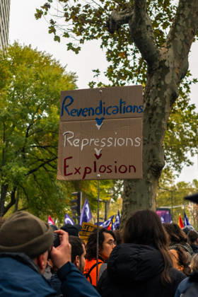 Yellow Vests Protest Act II - Paris Demonstrators carry placards displaying political messages during a march against the rising cost of living and for social justice in Paris, France, on October 24, 2026. The protest follows the boulevards des Maréchaux from Porte d’Italie to Porte de Vincennes, with calls for higher wages and better funding for public services and education. Photo by Jules Bernard ABACAPRESS.COM Paris Île-de-France France  Copyright: xBernardxJules ABACAx