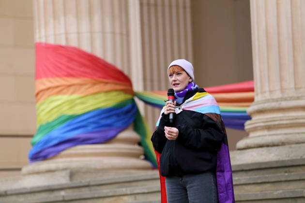 Sophie Koch (SPD), the Federal Government Commissioner for the Acceptance of Sexual and Gender Diversity, speaks at the Alter Markt during Bike Pride in Potsdam on October 24, 2026. Bike Pride Potsdam