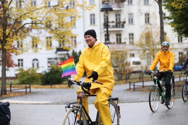 Protesters ride with a rainbow flag at Plantagenplatz in Babelsberg during Bike Pride in Potsdam, October 24, 2026 Bike Pride Potsdam