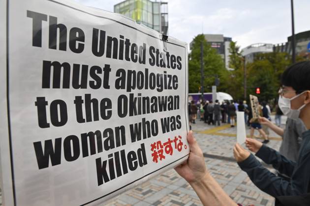 Tokyo protesters condemn Okinawa killing, demand US base removal TOKYO, JAPAN - OCTOBER 25: Protesters gather to condemn the killing of a woman in Okinawa and call for the removal of US military bases from the island on October 25, 2026, in Tokyo, Japan. Demonstrators hold placards condemning sexual violence and calling for the removal of US military bases from Okinawa amid accusations against US military personnel David Mareuil Anadolu Tokyo Japan. Editorial use only. Please get in touch for any other usage.  Copyright: x2026xAnadoluxDavidxMareuilx