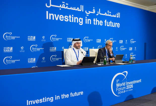 9th World Investment Forum 2026 In Doha Marcelo Risi, (R) Senior Communications Officer at UN Trade and Development (UNCTAD), and Hamad Mohammed Al-Nasr, (L) Director of Trade Development and Investment Promotion at QatarÕs Ministry of Commerce and Industry, attend a press conference before the opening of 9th World Investment Forum (WIF 2026) in Doha, Qatar, October 25, 2026. The three-day global summit is organized by the United Nations Conference on Trade and Development (UNCTAD) in cooperation with the State of Qatar. DOHA Qatar Copyright: xNoushadxThekkayilx