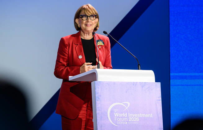 9th World Investment Forum 2026 In Doha Rebeca Grynspan, Secretary-General, UN Trade and Development, UNCTAD), speaks during the opening ceremony of the 9th World Investment Forum (WIF 2026) in Doha, Qatar, October 25, 2026. The three-day global summit is organized by the United Nations Conference on Trade and Development (UNCTAD) in cooperation with the State of Qatar. DOHA Qatar Copyright: xNoushadxThekkayilx