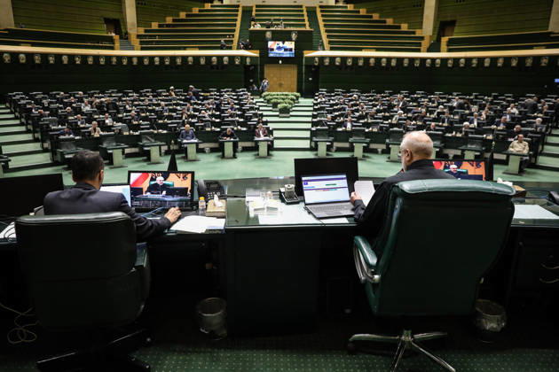 October 25, 2026, Tehran, Iran: A rear view of the chamber shows Mohammad Bagher Ghalibaf seated at the front desk overlooking many largely empty green benches at the Islamic Consultative Assembly in Tehran, Iran, on October 25, 2026. Speaker Mohammad Bagher Ghalibaf chaired the October 25 session, which combined physical attendance at the Islamic Consultative Assembly with participation by video link. Tehran Iran - ZUMAi98_ 20261025_zih_i98_103 Copyright: xIcanax