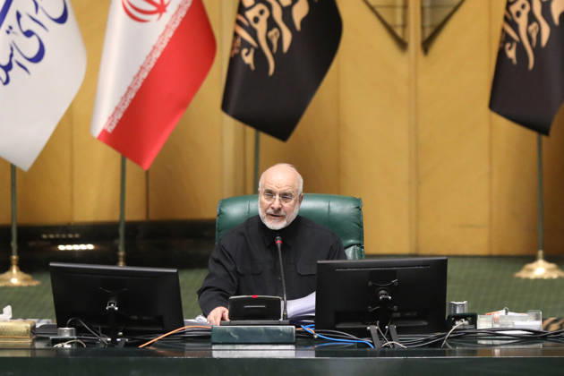October 25, 2026, Tehran, Iran: Mohammad Bagher Ghalibaf sits at the speaker s desk holding papers with Iranian flags behind him at the Islamic Consultative Assembly in Tehran, Iran, on October 25, 2026. Parliamentary reports said more than two-thirds of lawmakers joined the October 25 open sitting of the Islamic Consultative Assembly, attending either in person or remotely. Tehran Iran - ZUMAi98_ 20261025_zih_i98_109 Copyright: xIcanax