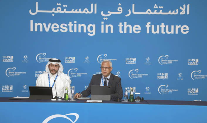Doha Qatar World Investment Forum Speakers participate in a panel discussion on investment priorities during the World Investment Forum in Doha, Qatar, on October 25, 2026. The international conference brings together policymakers, investors and business representatives to examine investment challenges, emerging opportunities and strategies for sustainable economic development. Doha Baladiyat ad Dawhah Qatar Copyright: xSidhickxKannurx