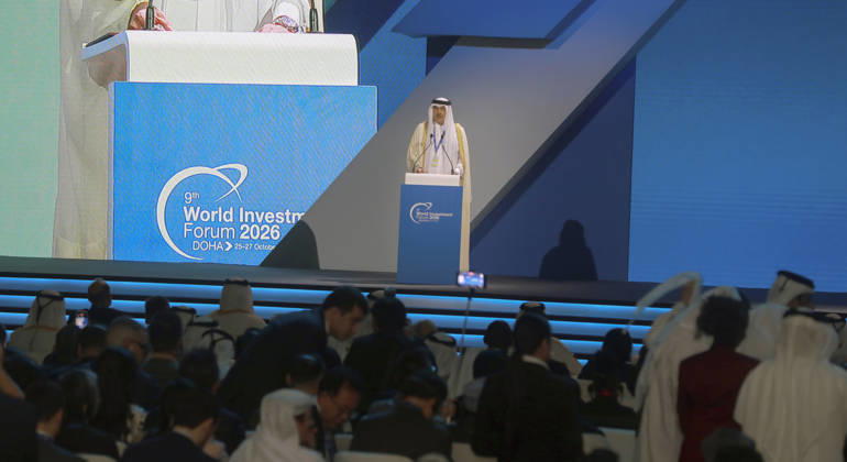 Doha Qatar World Investment Forum Ahmad bin Mohammed Al Sayed, Qatar s Minister of State for Foreign Trade Affairs, delivers remarks at a podium during the World Investment Forum in Doha, Qatar, on October 25, 2026. The ninth World Investment Forum, organized by UN Trade and Development (UNCTAD) and hosted by Qatar from October 25 to 27 under the theme Investing in the Future, brings together government officials, investors and business leaders to discuss international investment, sustainable development and economic resilience. Doha Baladiyat ad Dawhah Qatar Copyright: xSidhickxKannurx