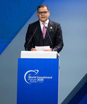 October 25, 2026, Doha, Qatar: Abdulhamid Mohammed Al Dabiba, Prime Minister of Libya, speaks during the opening ceremony of the 9th World Investment Forum (WIF 2026). The three-day summit, organized by United Nations Conference on Trade and Development Doha Qatar - ZUMAs197 20261025_aaa_s197_136 Copyright: xNoushadxVariyattiyakkalx