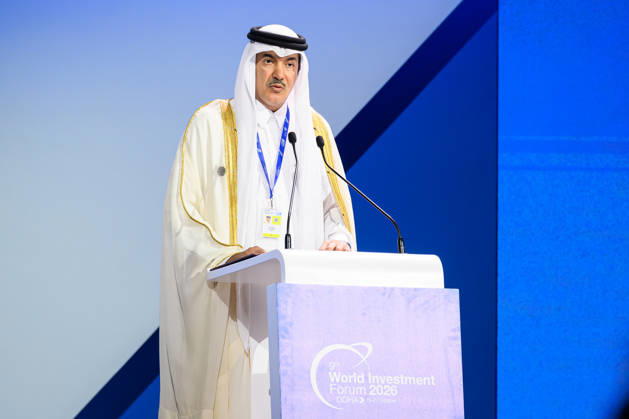 October 25, 2026, Doha, Qatar: Ahmad bin Mohammed Al Sayed, Minister of State for Foreign Trade of Qatar, speaks during the opening ceremony of the 9th World Investment Forum (WIF 2026). The three-day summit, organized by United Nations Conference on Trade and Development Doha Qatar - ZUMAs197 20261025_aaa_s197_139 Copyright: xNoushadxVariyattiyakkalx