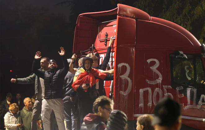 26.10.2026 Belgrade(Serbia) Politics Life Reactions after the election results The fall of the totalitarian regime after 14 years and the change of government People celebrate victory on the truck