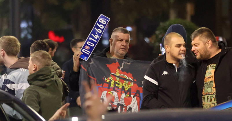 26.10.2026 Belgrade(Serbia) Politics Life Reactions after the election results The fall of the totalitarian regime after 14 years and the change of government Man with police plates from a police vehicle in retreat