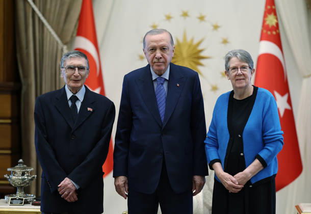 Turkish President Recep Tayyip Erdogan ANKARA, TURKIYE - OCTOBER 26: (----EDITORIAL USE ONLY - MANDATORY CREDIT - TURKISH PRESIDENCY MURAT CETINMUHURDAR HANDOUT - NO MARKETING NO ADVERTISING CAMPAIGNS - DISTRIBUTED AS A SERVICE TO CLIENTS----) Turkish President Recep Tayyip Erdogan receives Nobel laureate Professor Aziz Sancar and his wife Gwen Boles Sancar in Ankara, Turkiye, on October 26, 2026. TUR Presidency Murat Cetinmuhurdar Handout Anadolu Ankara Turkey. Editorial use only. Please get in touch for any other usage.  Copyright: x2026xAnadoluxTURxPresidency xMuratxCetinmuhurdar Handoutx