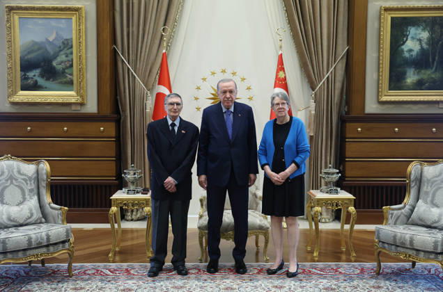 Turkish President Recep Tayyip Erdogan ANKARA, TURKIYE - OCTOBER 26: (----EDITORIAL USE ONLY - MANDATORY CREDIT - TURKISH PRESIDENCY MURAT CETINMUHURDAR HANDOUT - NO MARKETING NO ADVERTISING CAMPAIGNS - DISTRIBUTED AS A SERVICE TO CLIENTS----) Turkish President Recep Tayyip Erdogan receives Nobel laureate Professor Aziz Sancar and his wife Gwen Boles Sancar in Ankara, Turkiye, on October 26, 2026. TUR Presidency Murat Cetinmuhurdar Handout Anadolu Ankara Turkey. Editorial use only. Please get in touch for any other usage.  Copyright: x2026xAnadoluxTURxPresidency xMuratxCetinmuhurdar Handoutx