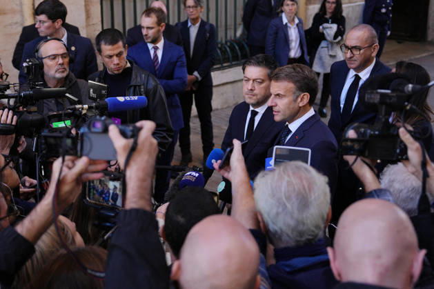 President Macron visits Marseille a Week After the Riots - France French President Emmanuel Macron and Marseille Mayor Benoit Payan address the media in Marseille, France, Monday, October 26, 2026, during a visit to notice the return of republican order after the violence and looting that punctuated the citizen mobilization of October 17, 2026. Protests by high school students over learning conditions sparked a movement that has since spread nationwide, fuelled by broader anger over the rising cost of living. Photo by Aurelien Morissard Pool ABACAPRESS.COM Marseille France  Copyright: xMorissardxAurelien Pool ABACAx