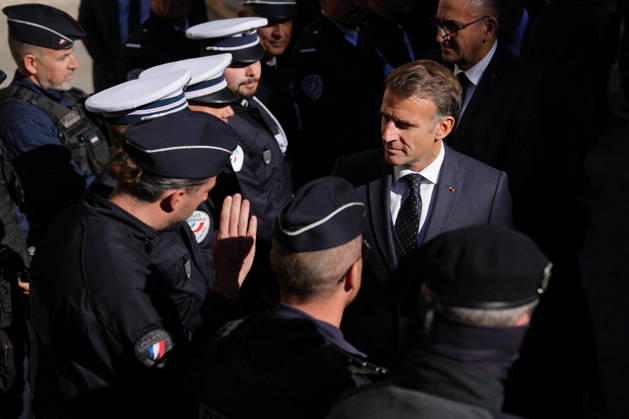 President Macron visits Marseille a Week After the Riots - France French President Emmanuel Macron meets with the police force in Marseille, France, Monday, October 26, 2026, during a visit to notice the return of republican order after the violence and looting that punctuated the citizen mobilization of October 17, 2026. Protests by high school students over learning conditions sparked a movement that has since spread nationwide, fuelled by broader anger over the rising cost of living. Photo by Aurelien Morissard Pool ABACAPRESS.COM Marseille France  Copyright: xMorissardxAurelien Pool ABACAx