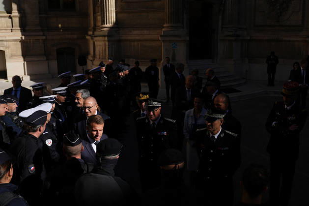 President Macron visits Marseille a Week After the Riots - France French President Emmanuel Macron meets with the police force in Marseille, France, Monday, October 26, 2026, during a visit to notice the return of republican order after the violence and looting that punctuated the citizen mobilization of October 17, 2026. Protests by high school students over learning conditions sparked a movement that has since spread nationwide, fuelled by broader anger over the rising cost of living. Photo by Aurelien Morissard Pool ABACAPRESS.COM Marseille France  Copyright: xMorissardxAurelien Pool ABACAx