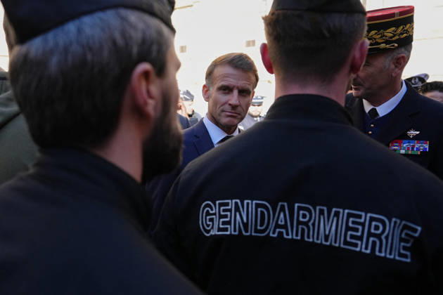 President Macron visits Marseille a Week After the Riots - France French President Emmanuel Macron meets with the police force in Marseille, France, Monday, October 26, 2026, during a visit to notice the return of republican order after the violence and looting that punctuated the citizen mobilization of October 17, 2026. Protests by high school students over learning conditions sparked a movement that has since spread nationwide, fuelled by broader anger over the rising cost of living. Photo by Aurelien Morissard Pool ABACAPRESS.COM Marseille France  Copyright: xMorissardxAurelien Pool ABACAx