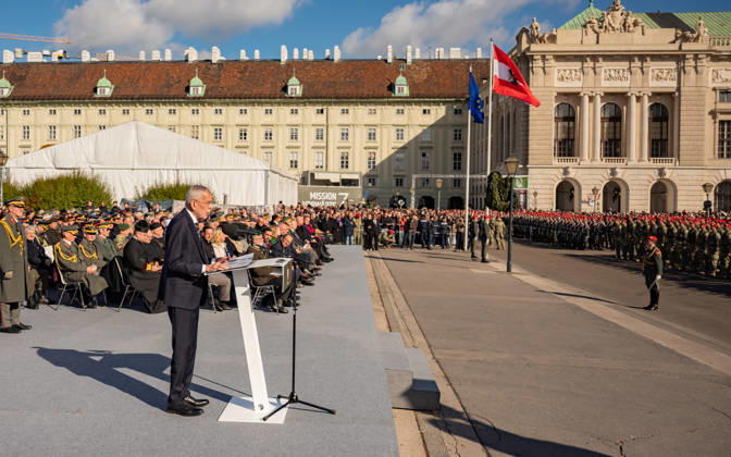 October 26, 2026 Official celebrations for Austria’s National Day 2026 Oath-taking ceremony during the official celebrations for National Day 2026 at Heldenplatz in Vienna, Austria. Image shows Alexander Sascha Van der Bellen, Federal President of the Republic of Austria, in Vienna at Heldenplatz, Vienna, Austria