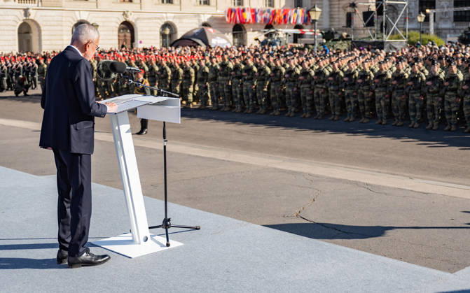 October 26, 2026 Official celebrations for Austria’s National Day 2026 Oath-taking ceremony during the official celebrations for National Day 2026 at Heldenplatz in Vienna, Austria. Image shows Alexander Sascha Van der Bellen, Federal President of the Republic of Austria, in Vienna at Heldenplatz, Vienna, Austria