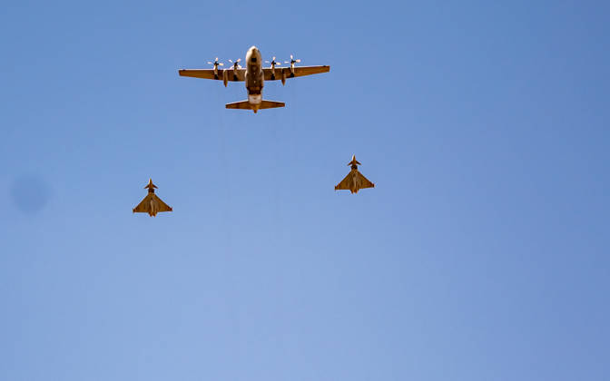 October 26, 2026 Official celebrations for Austria’s National Day 2026 Oath-taking ceremony during the official celebrations for National Day 2026 at Heldenplatz in Vienna, Austria. The photo shows Eurofighter and Hercules transport aircraft flying overhead. Vienna, Heldenplatz, Vienna, Austria