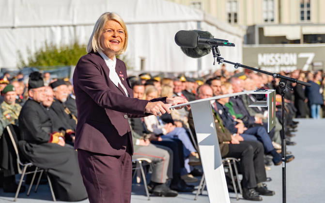 October 26, 2026 Official celebrations for Austria’s National Day 2026 Oath-taking ceremony during the official celebrations for National Day 2026 at Heldenplatz in Vienna, Austria. The photo shows ÖVP Federal Minister of Defense Klaudia Tanner in Vienna at Heldenplatz, Vienna, Austria