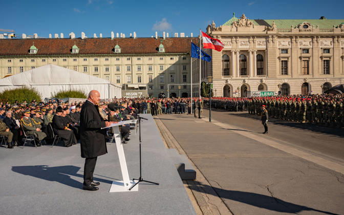 October 26, 2026 Official celebrations for the 2026 Austrian National Day Oath-taking ceremony during the official celebrations for the 2026 National Day at Heldenplatz in Vienna, Austria. The photo shows ÖVP Federal Party Chairman and Federal Chancellor Christian Stocker in Vienna at Heldenplatz, Vienna, Austria