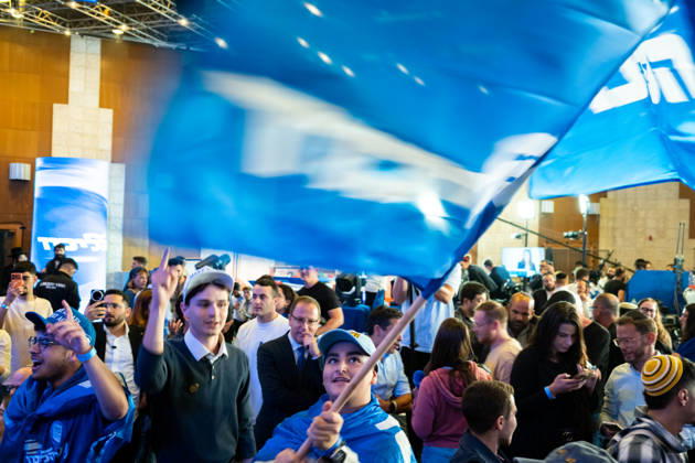 Israel, Jerusalem, October 27–28, 2026: Scenes from the election party of the Likud Party led by incumbent Prime Minister Benjamin Netanyahu. There was a long wait for Bibi to appear; he didn’t take the stage until around 3:15 a.m.