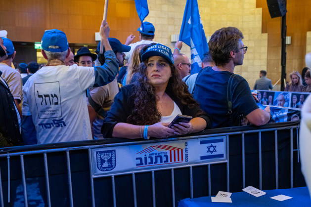 Israel, Jerusalem, October 27–28, 2026: Scenes from the election party of the Likud Party led by incumbent Prime Minister Benjamin Netanyahu. There was a long wait for Bibi to appear; he didn’t take the stage until around 3:15 a.m.