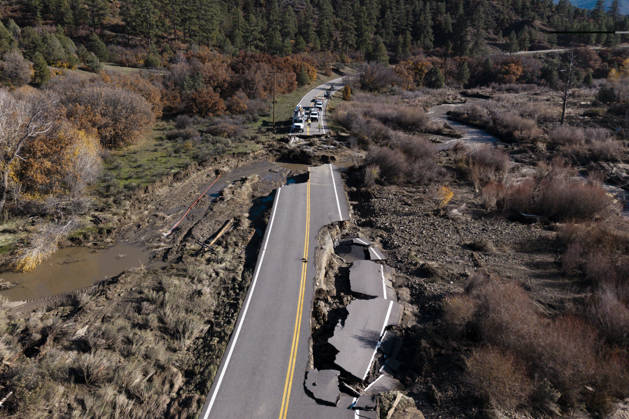 October 27, 2026, Pagosa Springs, Colorado, USA: A collapsed section of Colorado 151 as seen on Oct. 27, 2026, between Pagosa Springs and Ignacio. Recent heavy rains have caused severe flooding across southwestern Colorado, forcing evacuations and damaging roads and homes. Pagosa Springs USA - ZUMAc262 20261027_znn_c262_002 Copyright: xCheneyxOrrx