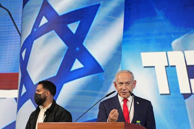 General election in Israel Israeli Prime Minister and Likud party leader Benjamin Netanyahu (R) makes a speech following the release of exit poll results for Israel s general election in Jerusalem on Oct. 28, 2026.  A14AA0005631972P