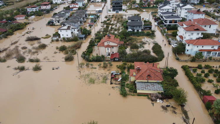 Heavy rainfall causes flooding in Mugla, Turkiye MUGLA, TURKIYE - OCTOBER 28: An aerial view of flooded residential areas and agricultural fields after heavy rainfall caused the Tersakan Stream to overflow in Dalaman district of Mugla, Turkiye, on October 28, 2026. Floodwaters inundated homes, businesses and farmland, while some roads were closed to traffic. Durmus Genc Anadolu Mugla Turkey. Editorial use only. Please get in touch for any other usage.  Copyright: x2026xAnadoluxDurmusxGencx
