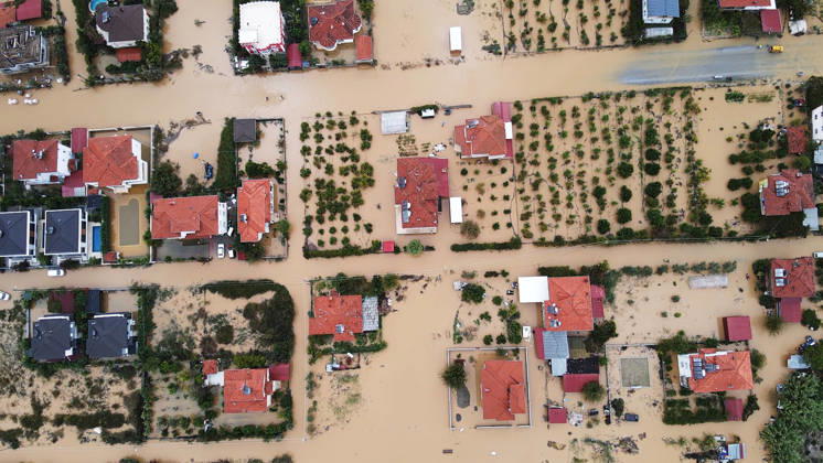 Heavy rainfall causes flooding in Mugla, Turkiye MUGLA, TURKIYE - OCTOBER 28: An aerial view of flooded residential areas and agricultural fields after heavy rainfall caused the Tersakan Stream to overflow in Dalaman district of Mugla, Turkiye, on October 28, 2026. Floodwaters inundated homes, businesses and farmland, while some roads were closed to traffic. Durmus Genc Anadolu Mugla Turkey. Editorial use only. Please get in touch for any other usage.  Copyright: x2026xAnadoluxDurmusxGencx