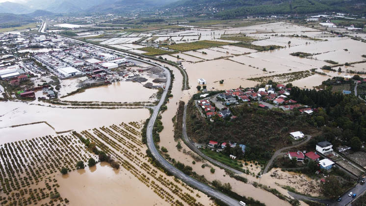 Heavy rainfall causes flooding in Mugla, Turkiye MUGLA, TURKIYE - OCTOBER 28: An aerial view of flooded residential areas and agricultural fields after heavy rainfall caused the Tersakan Stream to overflow in Dalaman district of Mugla, Turkiye, on October 28, 2026. Floodwaters inundated homes, businesses and farmland, while some roads were closed to traffic. Durmus Genc Anadolu Mugla Turkey. Editorial use only. Please get in touch for any other usage.  Copyright: x2026xAnadoluxDurmusxGencx
