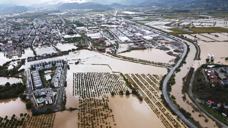 Heavy rainfall causes flooding in Mugla, Turkiye MUGLA, TURKIYE - OCTOBER 28: An aerial view of flooded residential areas and agricultural fields after heavy rainfall caused the Tersakan Stream to overflow in Dalaman district of Mugla, Turkiye, on October 28, 2026. Floodwaters inundated homes, businesses and farmland, while some roads were closed to traffic. Durmus Genc Anadolu Mugla Turkey. Editorial use only. Please get in touch for any other usage.  Copyright: x2026xAnadoluxDurmusxGencx
