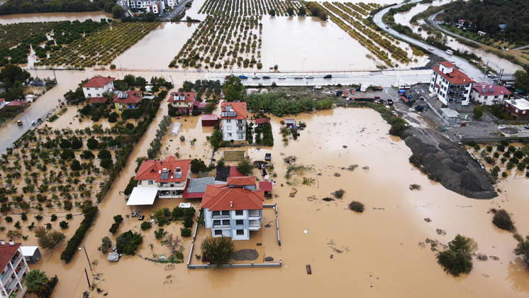 Heavy rainfall causes flooding in Mugla, Turkiye MUGLA, TURKIYE - OCTOBER 28: An aerial view of flooded residential areas and agricultural fields after heavy rainfall caused the Tersakan Stream to overflow in Dalaman district of Mugla, Turkiye, on October 28, 2026. Floodwaters inundated homes, businesses and farmland, while some roads were closed to traffic. Durmus Genc Anadolu Mugla Turkey. Editorial use only. Please get in touch for any other usage.  Copyright: x2026xAnadoluxDurmusxGencx