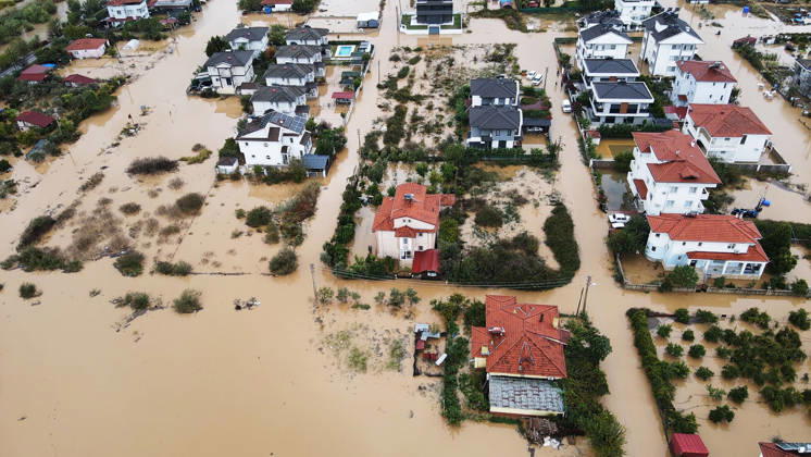 Heavy rainfall causes flooding in Mugla, Turkiye MUGLA, TURKIYE - OCTOBER 28: An aerial view of flooded residential areas and agricultural fields after heavy rainfall caused the Tersakan Stream to overflow in Dalaman district of Mugla, Turkiye, on October 28, 2026. Floodwaters inundated homes, businesses and farmland, while some roads were closed to traffic. Durmus Genc Anadolu Mugla Turkey. Editorial use only. Please get in touch for any other usage.  Copyright: x2026xAnadoluxDurmusxGencx