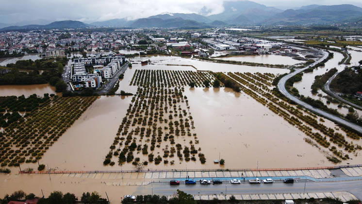 Heavy rainfall causes flooding in Mugla, Turkiye MUGLA, TURKIYE - OCTOBER 28: An aerial view of flooded residential areas and agricultural fields after heavy rainfall caused the Tersakan Stream to overflow in Dalaman district of Mugla, Turkiye, on October 28, 2026. Floodwaters inundated homes, businesses and farmland, while some roads were closed to traffic. Durmus Genc Anadolu Mugla Turkey. Editorial use only. Please get in touch for any other usage.  Copyright: x2026xAnadoluxDurmusxGencx