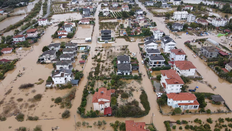 Heavy rainfall causes flooding in Mugla, Turkiye MUGLA, TURKIYE - OCTOBER 28: An aerial view of flooded residential areas and agricultural fields after heavy rainfall caused the Tersakan Stream to overflow in Dalaman district of Mugla, Turkiye, on October 28, 2026. Floodwaters inundated homes, businesses and farmland, while some roads were closed to traffic. Durmus Genc Anadolu Mugla Turkey. Editorial use only. Please get in touch for any other usage.  Copyright: x2026xAnadoluxDurmusxGencx