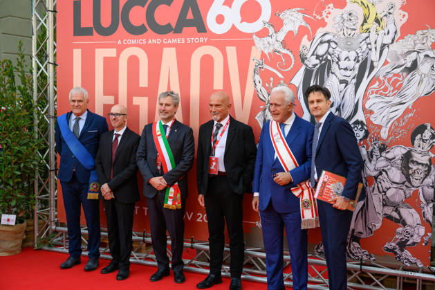 October 28, 2026, Lucca, Lucca, Italy: Marcello Pierucci, President of the Province of Lucca, Nicola Lucchesi, sole director of Lucca Crea, Mario Pardini, Mayor of Lucca, Claudio Castellini, author of the Lucca Comics & Games 2026 poster, Eugenio Giani, President of the Tuscany Region, Emanuele Vietina, director of Lucca Comics & Games during the inauguration of Lucca Comics & Games, Lucca, October 28, 2026 Lucca Italy - ZUMAa289 20261028_zia_a289_120 Copyright: xStefanoxDallexLuchex xAgfx