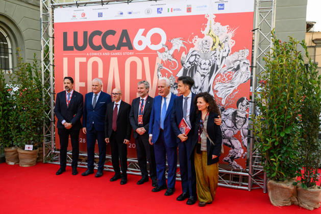 October 28, 2026, Lucca, Lucca, Italy: The authorities during the inauguration of Lucca Comics & Games, including Marcello Pierucci, President of the Province of Lucca, Nicola Lucchesi, sole director of Lucca Crea, Mario Pardini, Mayor of Lucca, Claudio Castellini, author of the Lucca Comics & Games 2026 poster, Eugenio Giani, President of the Tuscany Region, and Emanuele Vietina, director of Lucca Comics & Games, Lucca, 28 10 2026 Lucca Italy - ZUMAa289 20261028_zia_a289_141 Copyright: xStefanoxDallexLuchex xAgfx