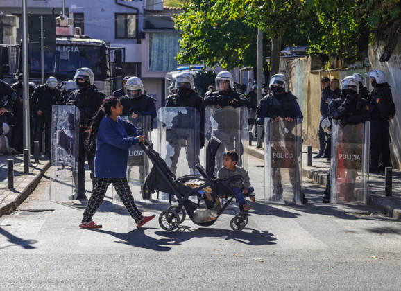 Protest of students in Tirana, Albania A woman with her kid pass in front of police officers during a students protest in front of Education Ministry in Tirana, Albania, on October 28, 2026. Students are calling for better education conditions and the resignation of Prime Minister Edi Rama. Tirana Albania  Copyright: xMatrixxImages ArmandoxBabanix