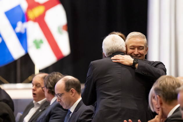October 29, 2026, Montreal, Pq, CANADA: Minister of Finance Francois-Philippe Champagne, right, hugs President of the European Council Antonio Costa at a luncheon ahead of the Canada-EU Summit, in Montreal, on Thursday, Oct. 29, 2026. Montreal CANADA  - ZUMAc35_ 20261029_zaf_c35_037 Copyright: xChristopherxKatsarovx