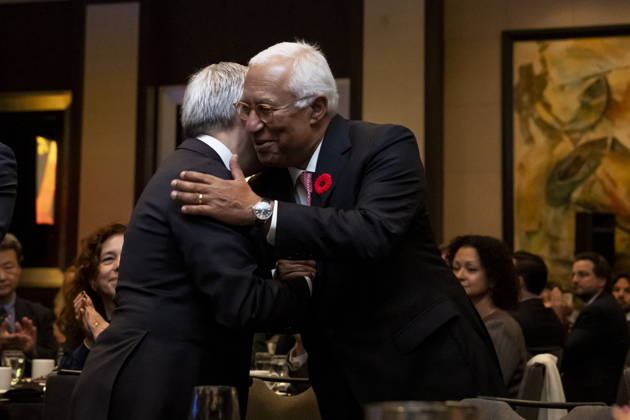 October 29, 2026, Montreal, Pq, CANADA: Minister of Finance Francois-Philippe Champagne, left, hugs President of the European Council Antonio Costa at a luncheon ahead of the Canada-EU Summit, in Montreal, on Thursday, Oct. 29, 2026. Montreal CANADA  - ZUMAc35_ 20261029_zaf_c35_046 Copyright: xChristopherxKatsarovx