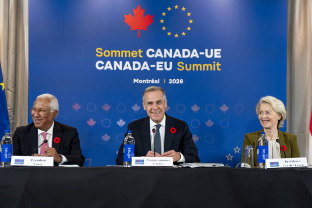 October 29, 2026, Montreal, Pq, CANADA: Prime Minister Mark Carney, centre, gives remarks alongside, President of the European Council, Antonio Costa, left, and President of the European Commission, Ursula von der Leyen, at a roundtable with business leaders during the Canada-EU Summit, in Montreal, on Thursday, Oct. 29, 2026. Montreal CANADA  - ZUMAc35_ 20261029_zaf_c35_096 Copyright: xChristopherxKatsarovx