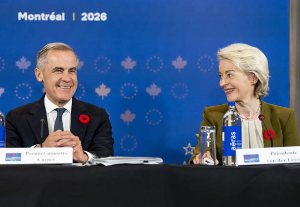 October 29, 2026, Montreal, Pq, CANADA: President of the European Commission Ursula von der Leyen, right, gives remarks alongside Prime Minister Mark Carney at a roundtable with business leaders during the Canada-EU Summit, in Montreal, on Thursday, Oct. 29, 2026. Montreal CANADA  - ZUMAc35_ 20261029_zaf_c35_121 Copyright: xChristopherxKatsarovx